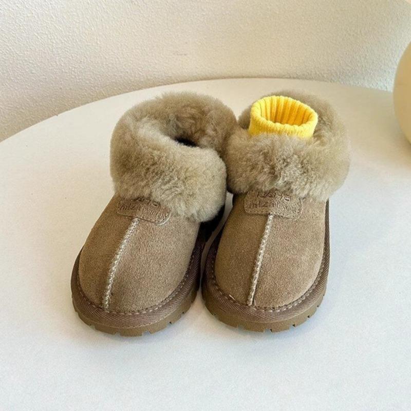Children's Genuine Leather Snow Boots Lamb Wool Cotton Shoes Korean Style Plus Velvet Thickened Loafers