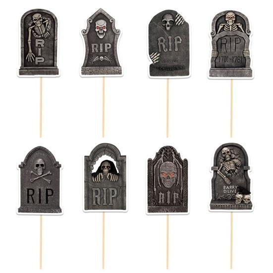 48 Pcs Halloween Cupcake Toppers Tombstones Graveyard Cake Decorations with Mini Shovel Spoons for Halloween Birthday Party Supplies