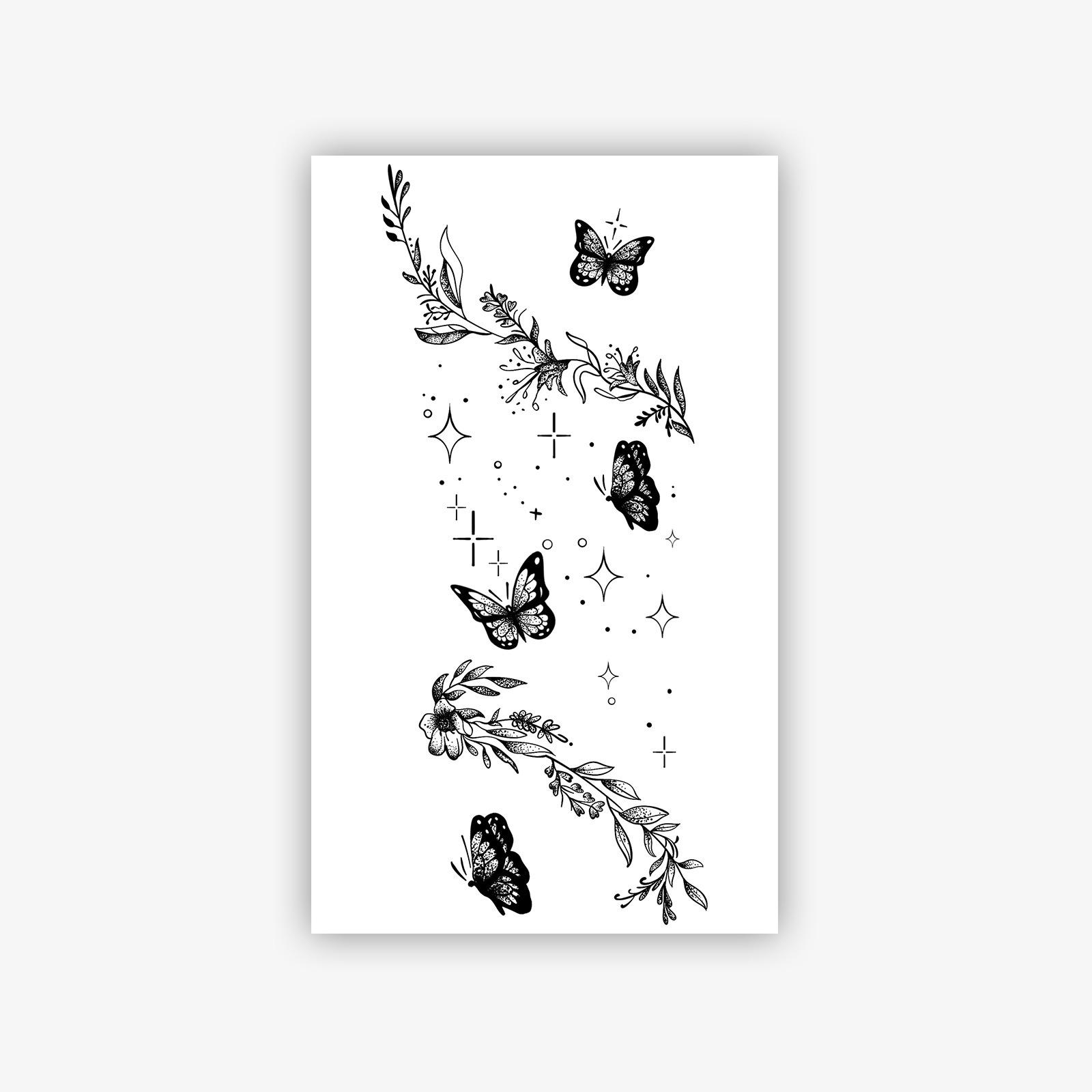 

Black And White Line Draft Flower And Grass Butterfly Tattoo Sticker Cold Mori Waterproof Long-Lasting Big Arm Shoulder Arm Large Area Pattern 11*18CM