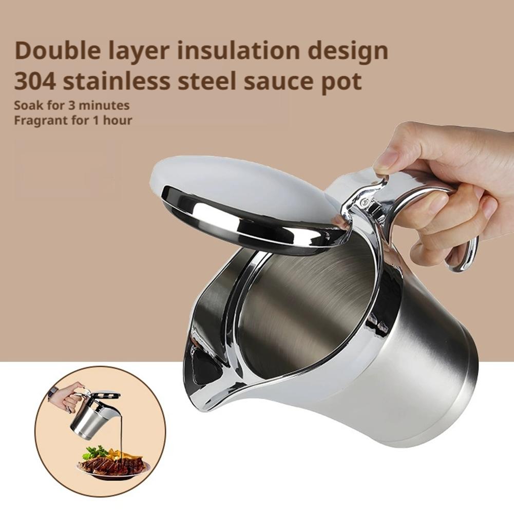 304 Stainless Steel Gravy Jug 450ML Sauce Dispenser Double Insulated Sauce Gravy Boat Vinaigrette Pot with Hinged Lid for Home