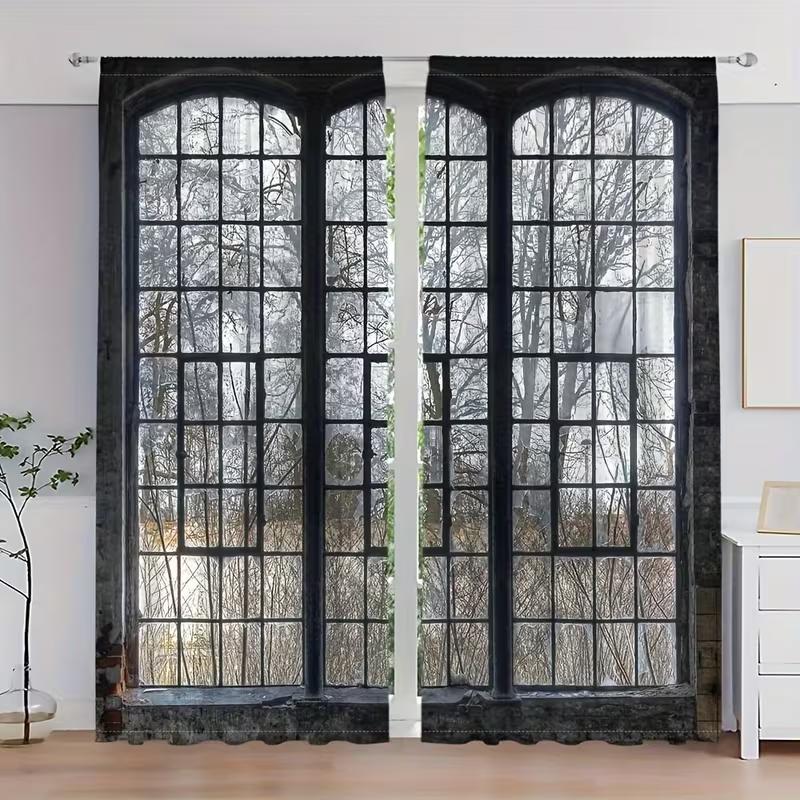 Vintage Window View Curtains Retro Literary Style Suitable Bedrooms Living Rooms Decorative Curtain With Rod Pocket Polyester Ideal For Area