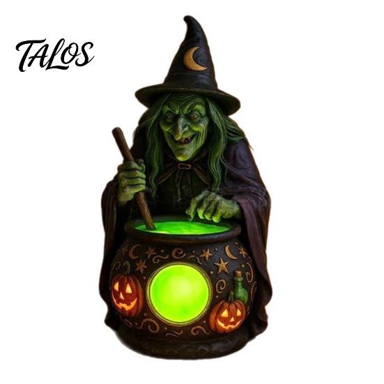 Figuritas Decorativas Detalladas Bruja de Halloween Caldero Lámpara, Adorno de Estatua de Resina, Luz de Mesa Única Espeluznante para Decoración de Escritorio
