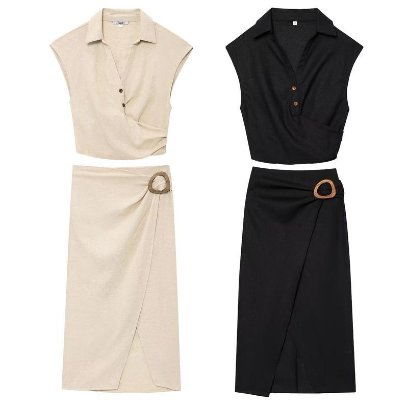Kaslead New Arrival Women's Fashion Style Linen Blend Short Top Skirt 7969033 7969034