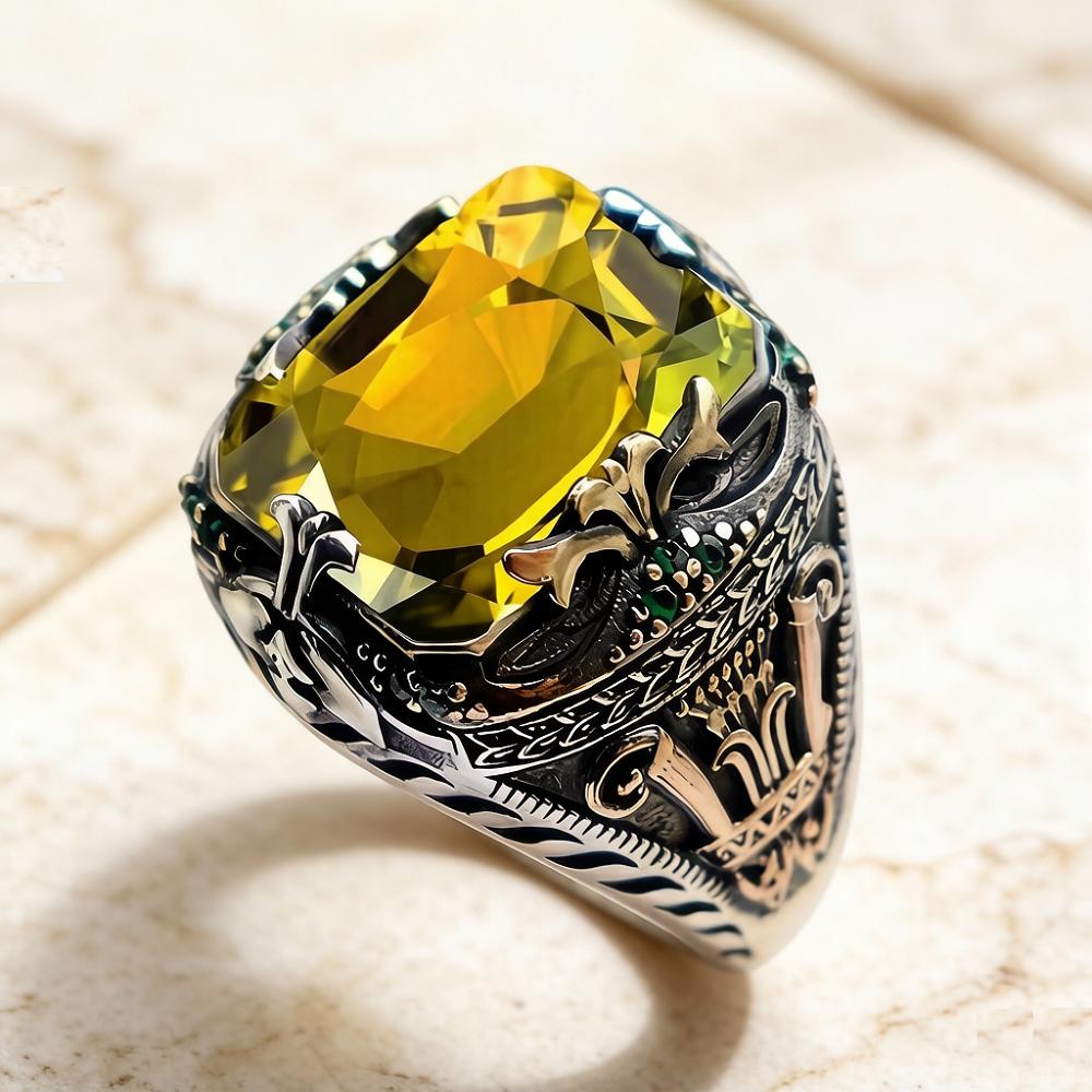 Vintage Men's Ring Stainless Steel Retro Castle Pattern Finger Ring Colorful Artificial Crystal Gemstone Statement Ring for Men