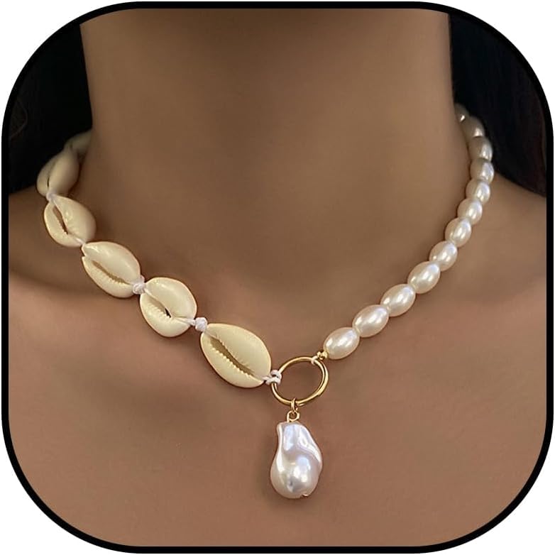 YANCHUN Shell Necklace Beach Jewelry for Women Sea Shell Necklace Layered Gold Shell Charm Necklaces Summer Outfits for Women Beach Fashion