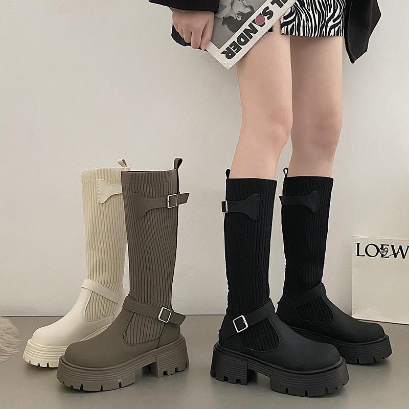 Módní dámské dlouhé boty Nové pletené elastické boty Retro dámské vysoké boty na silné podrážce Boty ke kolenům Elegantní boty a dámské boty