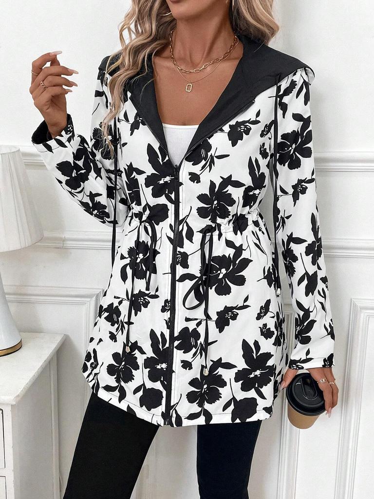 European and American Women's Clothing Two-sided Clothing Leopard Print Hooded Zipper Jacket Casual Long Jacket Belt Long Sleeve