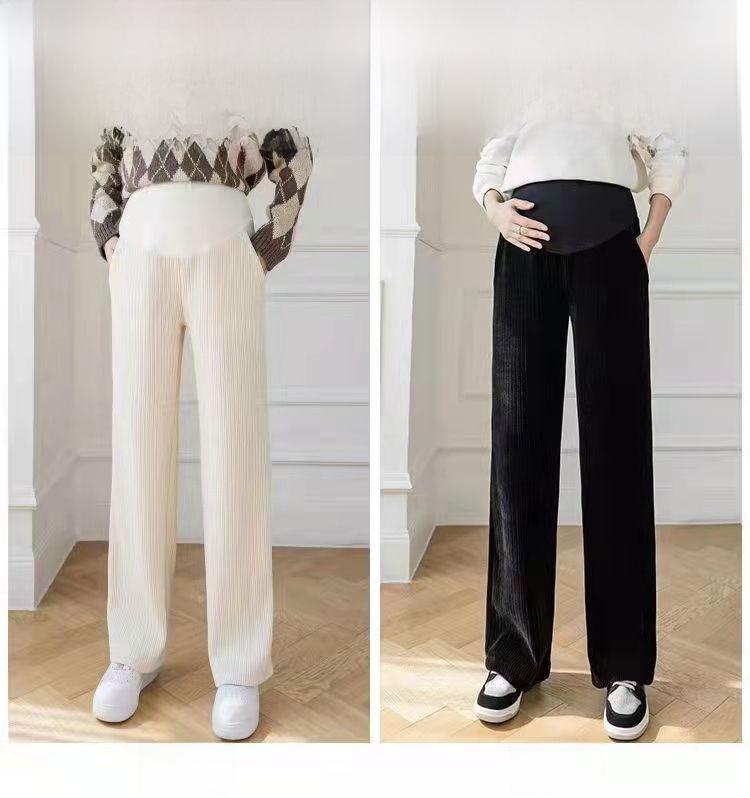 Chenille Velvet Wide-Leg Maternity Pants - Spring/Autumn, Outdoor Casual, Plus Belly Support