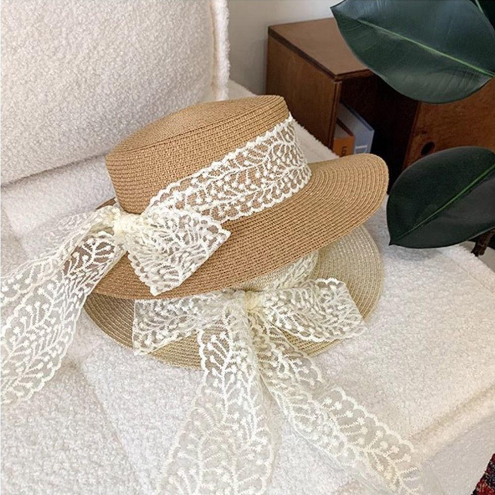 Spring Summer Bow Ribbon Straw Hat French Style Flat Top Sun Hat New Bow Lace Straw Hat  for Lady