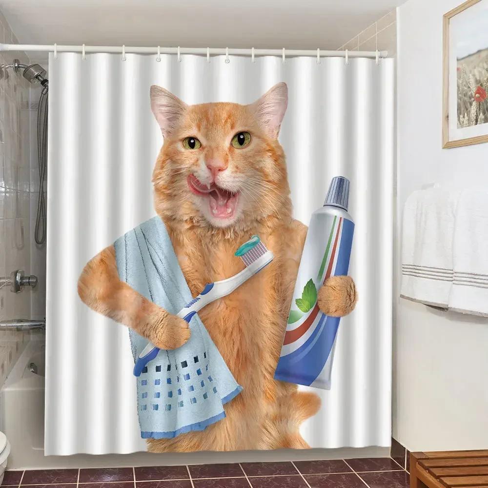 Funny Shower Curtains Bathroom Curtain With Hooks Decor Waterproof Cute Cat Dinosaur Bath Polyester Fabric