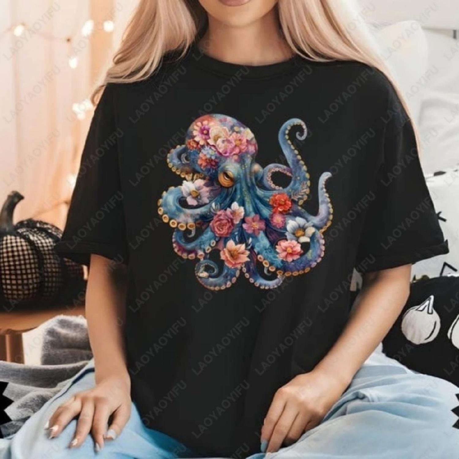 Octopus Vibrant Colorful Graphic T-Shirts Flowers Octopus Tee Funny Scuba Diving Shirt Marine Biologist Nature Tops Women Tshirt XXXXXL разноцветный