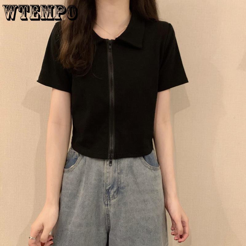 WTEMPO T-shirt da donna con doppia cerniera, manica corta, estiva, con colletto polo, tinta unita, casual, slim, cropped, maglieria