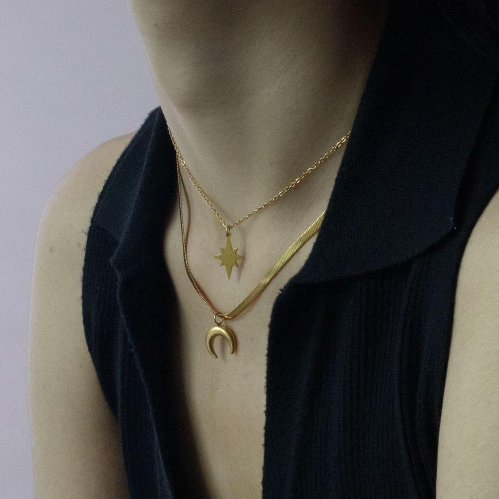 Gold-Plated Double Layer Moon & Star Pendant Necklace for Women, Personalized and Colorfast Titanium Steel, Hip Hop Style.