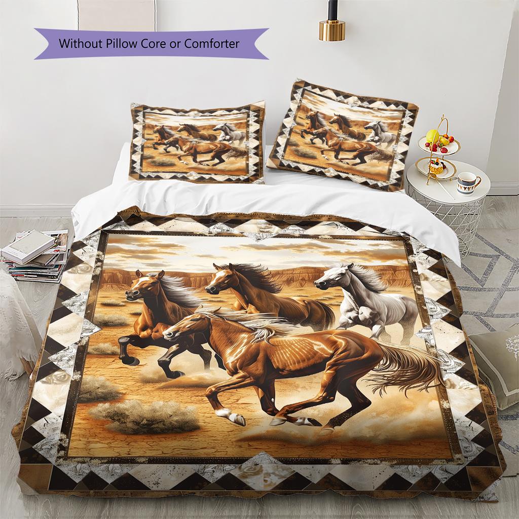 Horses Painting Pattern Bedding Quilt Set Quilt Cover Pillowcase Home Decoration Birthday Gift (1 * Duvet Cover + 2 * Pillowcase, Without Core)