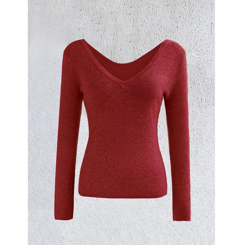 New Reversible V-Neck Long Sleeve Knitted Top Solid Color Round Neck Wool Blend Pullover Sweater Base Shirt