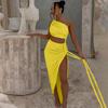 Women's autumn new fashion one shoulder tube top halter hollow tether pleated dress