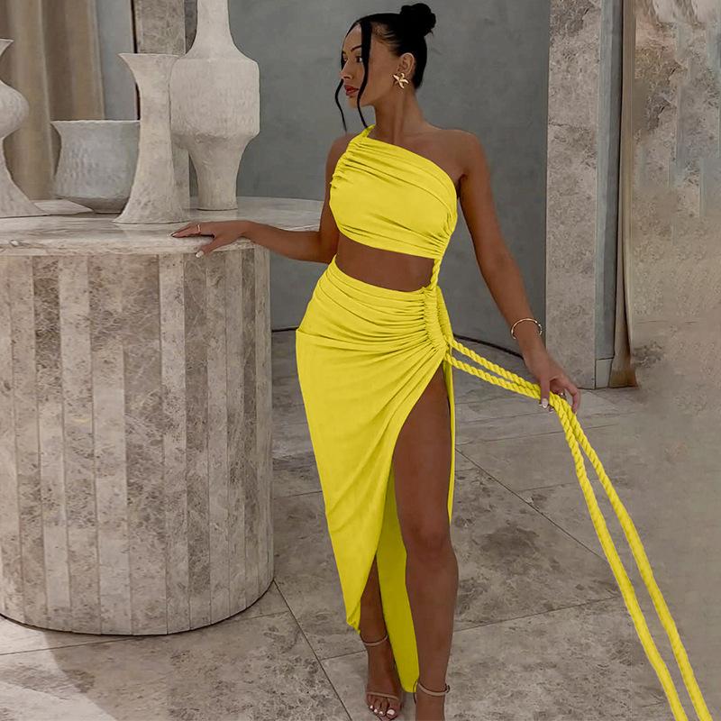 Women's autumn new fashion one shoulder tube top halter hollow tether pleated dress