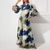 Spring New Women's Clothing, European and American Dresses, Elegant Plant-printed Bubble-sleeved Long Dresses