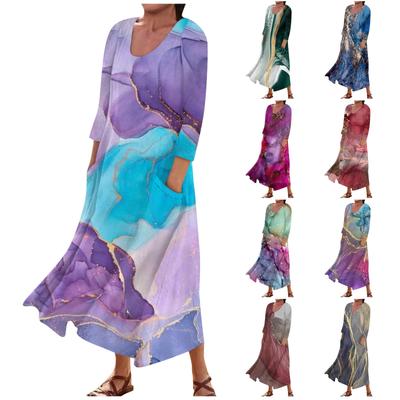 Women's Fashion Casual Print Round Neck 3/4 Sleeve Loose Pocket Dress