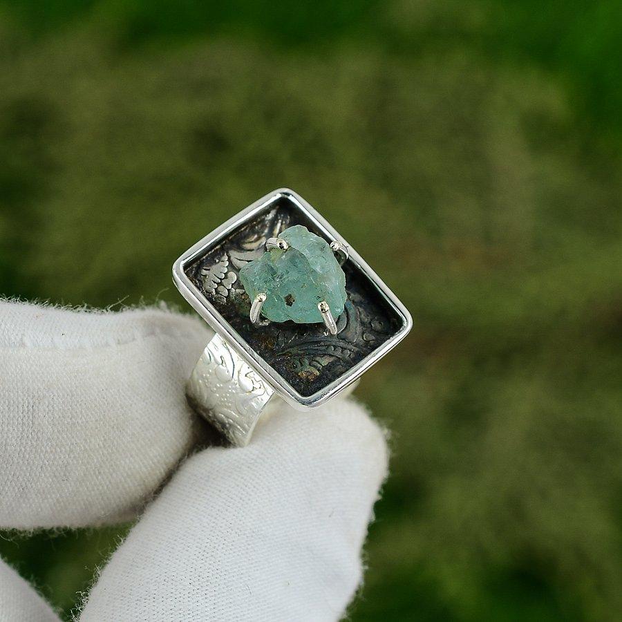 Подарок для нее Натуральный Аквамарин Необработанный Штабелируемое Регулируемое Кольцо Серебро 925 Adjustable