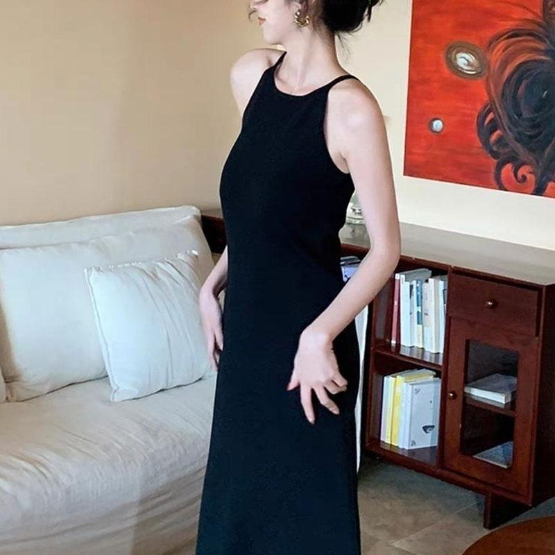 Solid Color Slip Dresses Sexy Elegant Sleeveless Summer Vintage Basic Slim Fashion Waist Bag Hip Long Dress