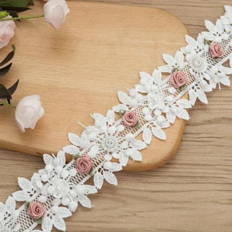 DIY Handmade Lace Applique Sewing Craft with Embroidered Fabric Wedding Decoration 3D White Flower Butterfly Lace Silk