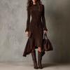 Damen Mock-Neck Langarm Midi-Kleid Hohe Taille Kordelzug Asymmetrischer Saum Vintage Wildleder Kleid