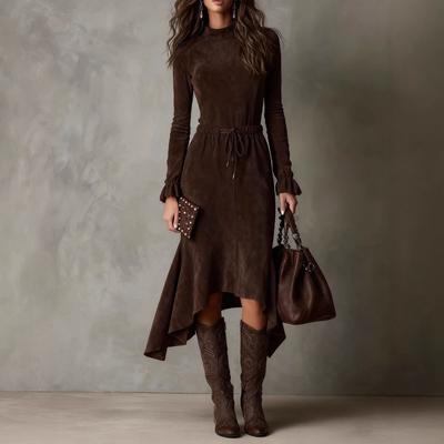 Damen Mock-Neck Langarm Midi-Kleid Hohe Taille Kordelzug Asymmetrischer Saum Vintage Wildleder Kleid