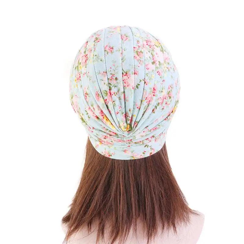 Indian Turban Muslim Women Hijab Floral Printed Hat Cancer Chemo Cap Islamic Hair Loss Cover Beanie Bonnet Head Scarf Pleated