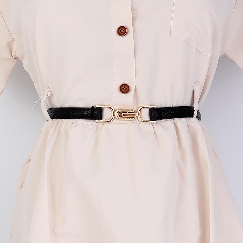 Women's Leather Decorative Buckle Pull-Through Waistband Belt for Skirts and Suits - Punch-Free Design.