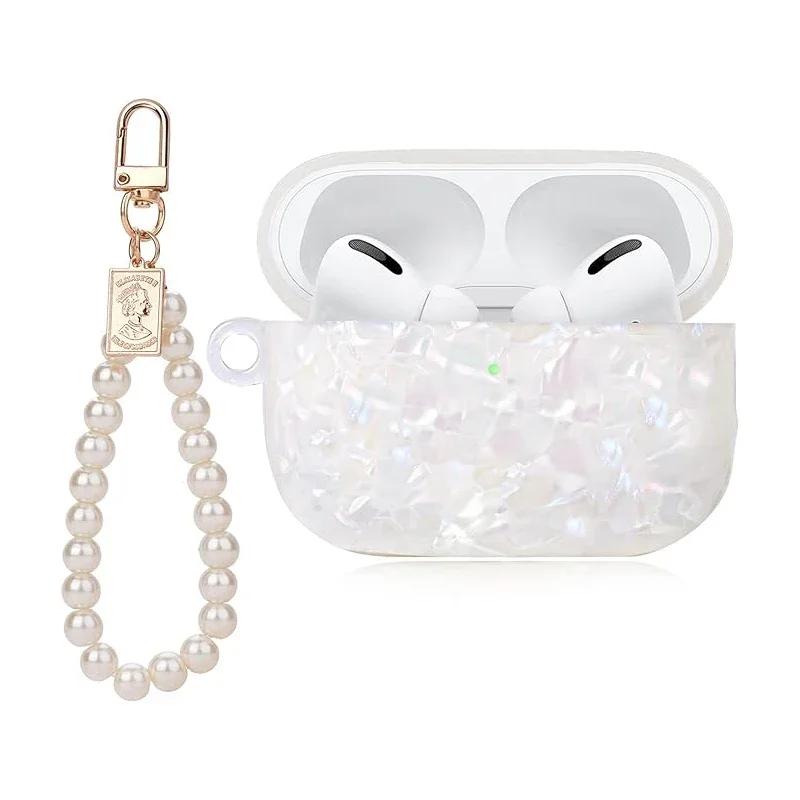 Funda Bonita para AirPod Ins Patrón de Concha Deslumbrante con Cadena de Muñeca de Perla Funda Bluetooth Inalámbrica Compatible con Funda AirPods Pro