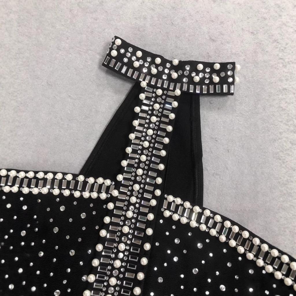 European and American women's clothing heavy industry beads neck tube top small black dress hot diamond slim short party banquet dress skirt
