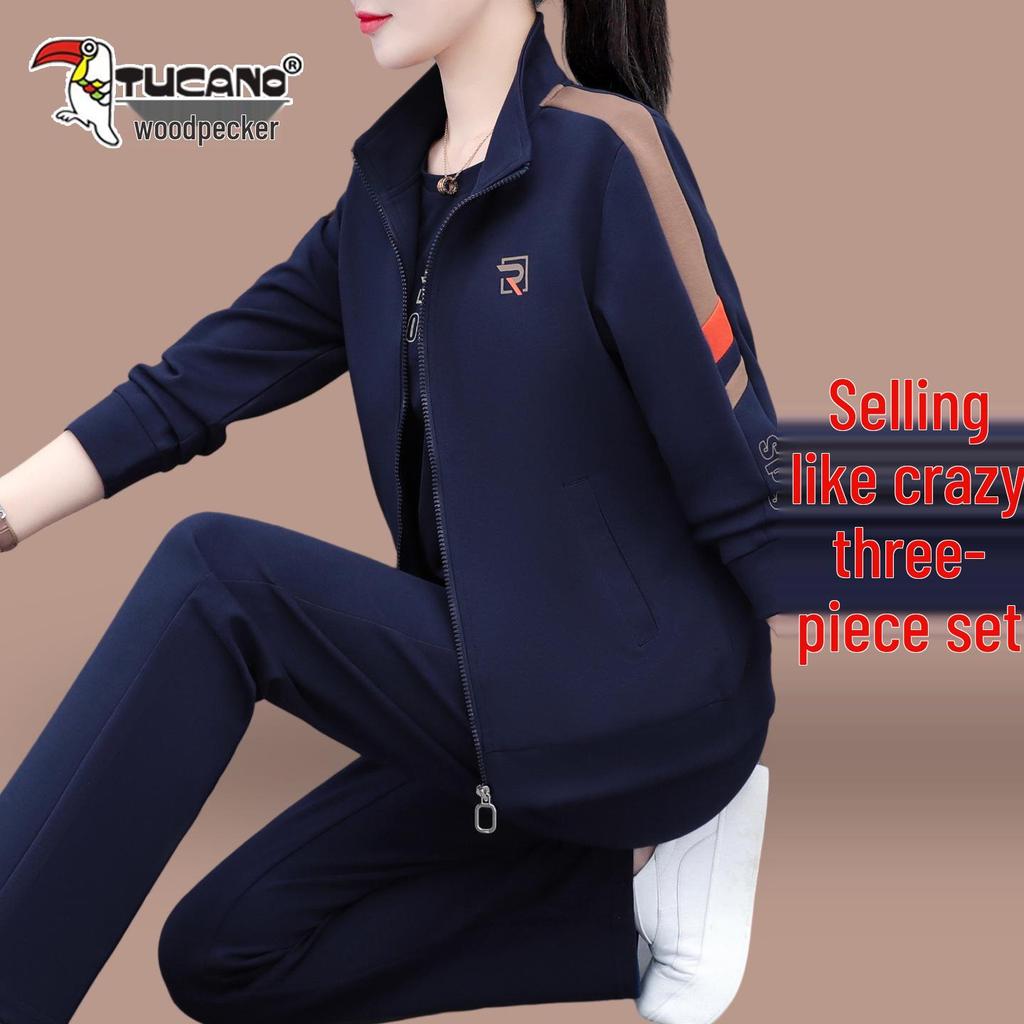 Woodpecker Casual Sportswear Three-Piece Autumn 2025 Fashionable Cardigan Set for Middle-Aged Women