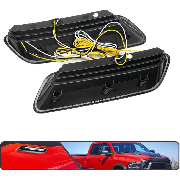 2 ks bílé a jantarové LED světlo do nasávacího otvoru kapoty pro Ram 1500 Sport 2010-2018, mřížka větracího otvoru kapoty, lampa s funkcemi DRL a směrových světel, kouřové sklo