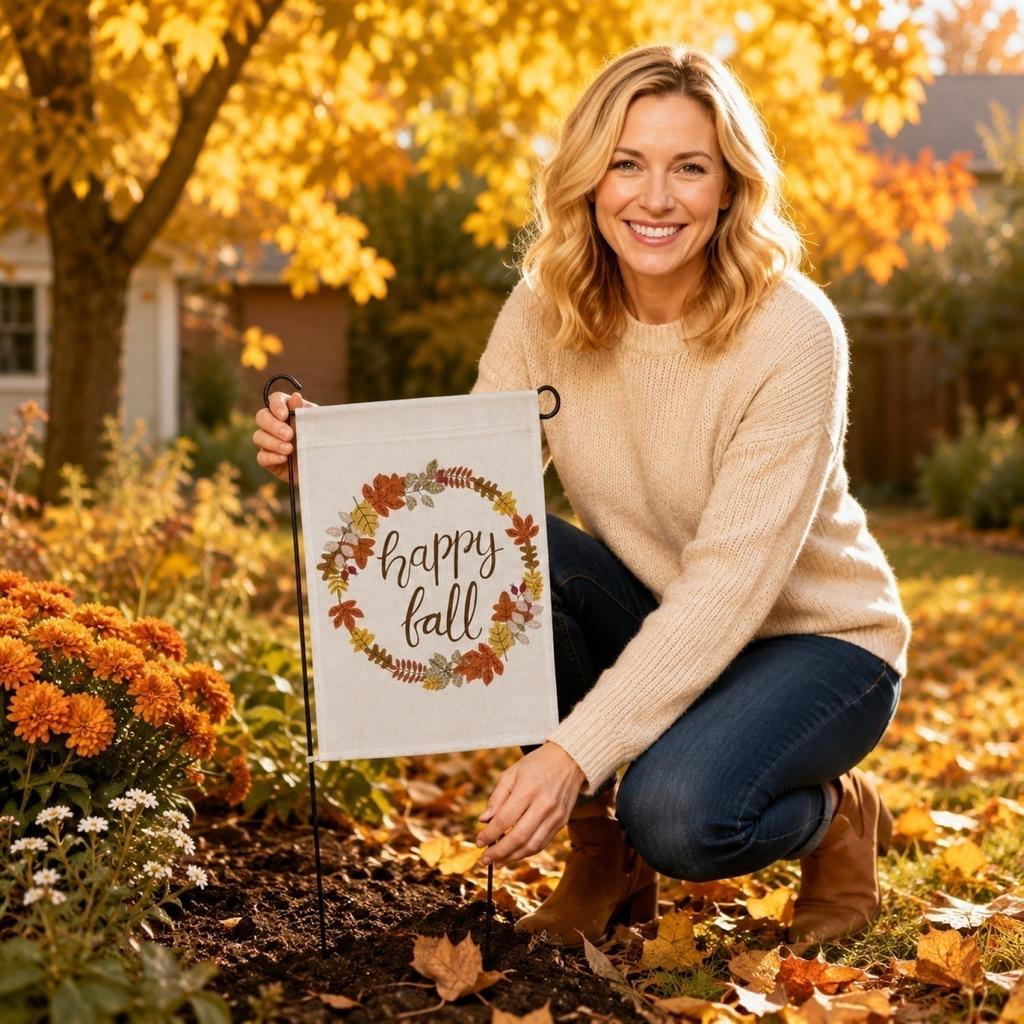 Autumn Garden Decorative Flag 45x30cm Fall Harvest Outdoor Yard Banner with Pumpkin and Leaf Wreath Design for Thanksgiving Seasonal Display