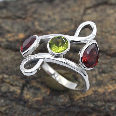 Natural Red Ganet and Peridot Ring With Gemstone 925 Sterling Silver Ring Handmade Stone Solid Round Cut Stone Jewelry for Women - 1.87 Cts