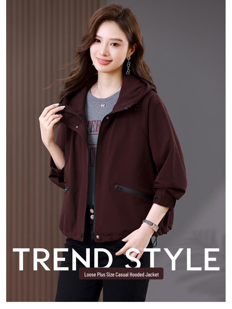 Women's Casual Hooded Jacket - 2024 Spring/Autumn Fashion, Loose Slim Fit, Petite Mom Style, Short Pure Cotton Top
