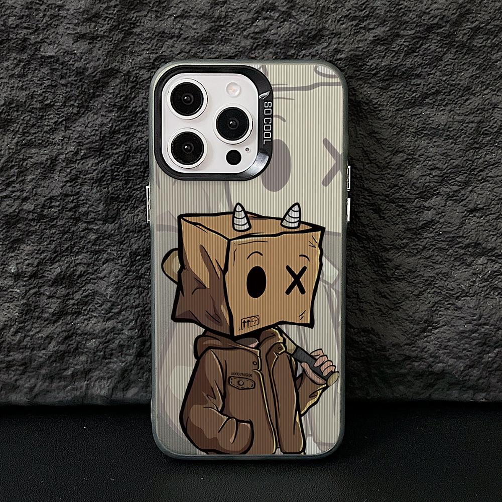 Cartoon Box Man Phone Case for iPhone 17 Air 16 16e 15 14 Plus 13 12 11 Pro Max X Xs XR 8 Colorful Silver Hard Cover