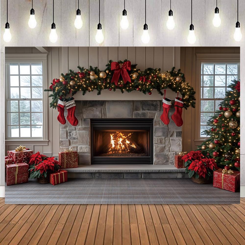 Christmas Photo Backdrop Fireplace Wreath Gifts Red Socks Xmas Tree Family Party Decor Banner Photography Background Props10