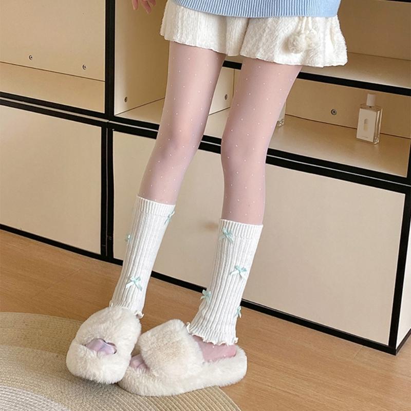 Sweet Girls Leg Warmers Women Ribbed Knit Striped Foot Cover Elegant Bowknot Ruffled Trim Boot Cuffs Footless Calf Socks