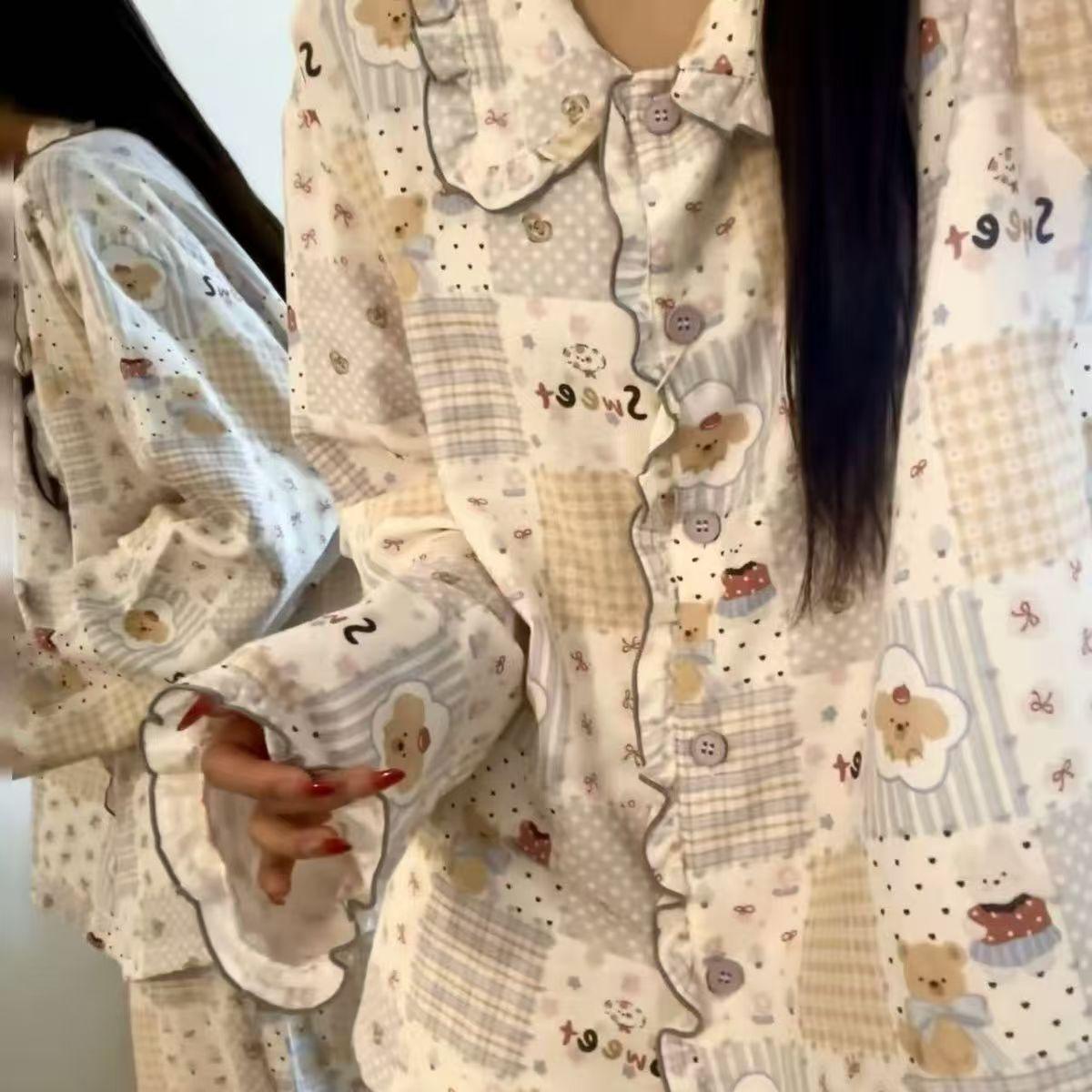 

Cartoon plaid bear girl pajamas spring and autumn cardigan lace double long two-piece set casual lazy style loungewear S