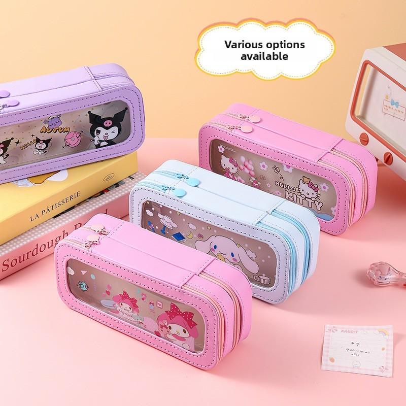 Kuromi Hello Kitty Melody Cinnamoroll Transparente doppelwandige Federtasche für Kinder und Schüler