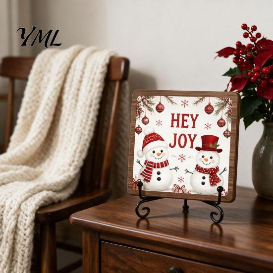 Christmas Pet Ornament Wooden Tabletop Decor, 2D Santa with Iron Stand, Rustic Wrought Display Stand Holiday Sign for Home And Cafe Festive