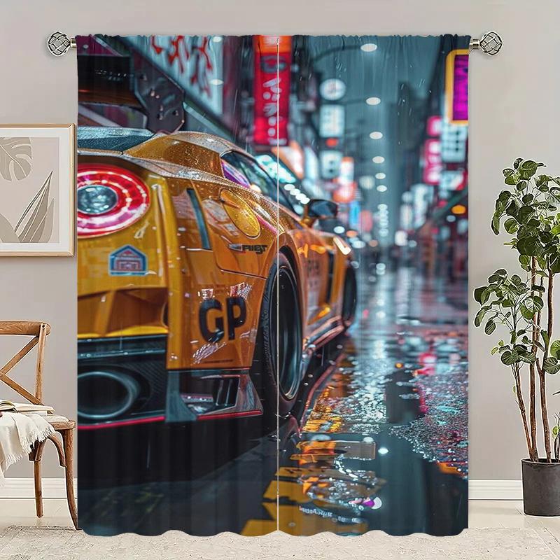 

2Pcs- Supercar - printed curtain -100% polyester material, suitable for bedroom curtains and living room decoration; 23Wx59L(60x150CM)x2