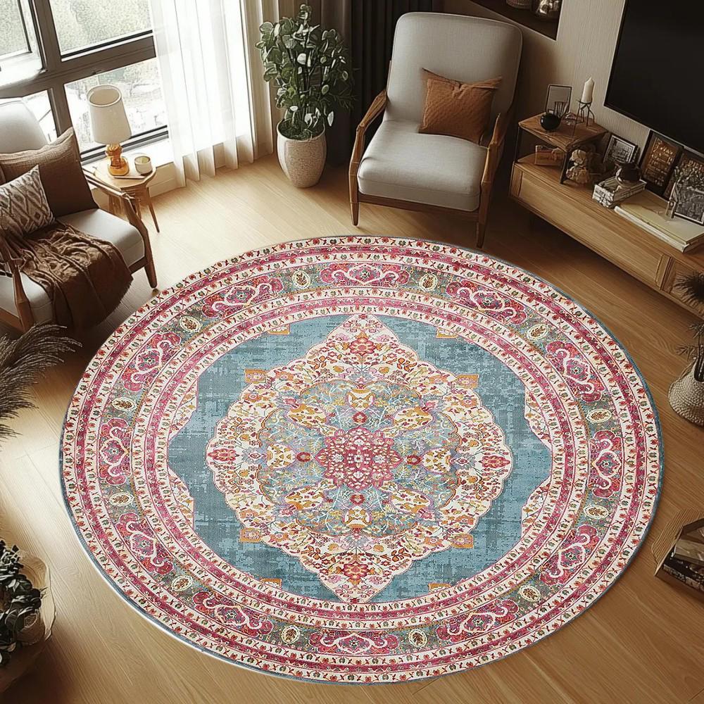 Runder Teppich mit Vintage-Muster als zentralem Dekor, eleganter Stil, rutschfeste Fußmatte für Wohnzimmer, Heimdekorationsbereiche Diameter 80cm
