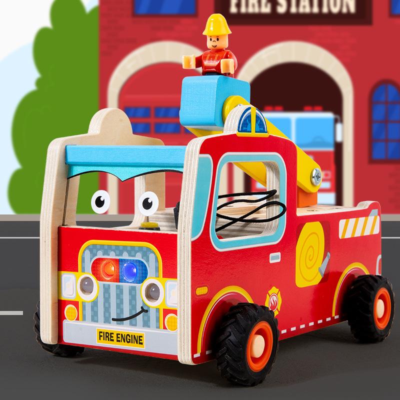 Children's Engineering Electronic Nut Fire Truck Wooden Toy