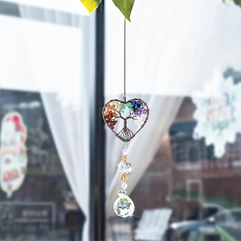 1pc Rainbow Crystal Sun Catcher, Tree Of Life Suncatchers Heart Shaped Hanging Ornament Chakra Stones Window Crystal Ball Prism