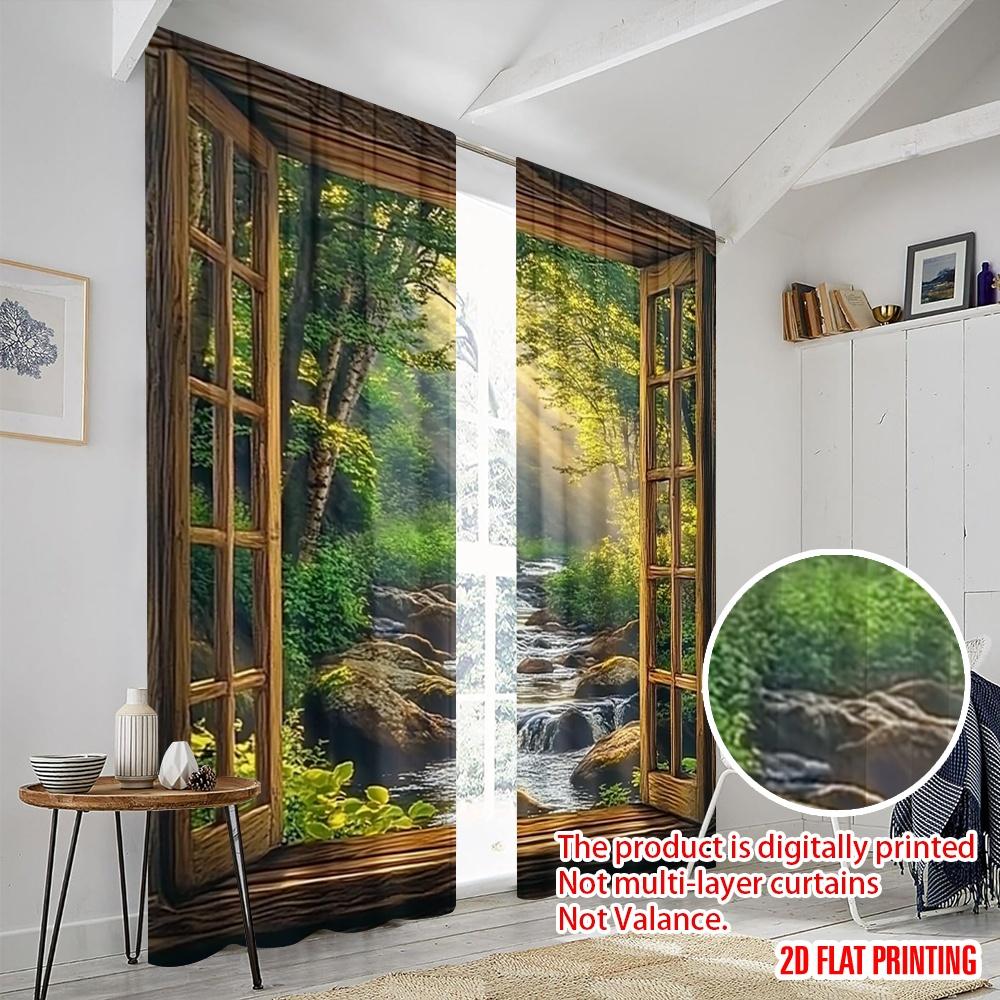 Set Of 2 Flat Printing Curtains Forest Scenic Polyester Without Electricity Festive Holiday Perfect All Season Curtain