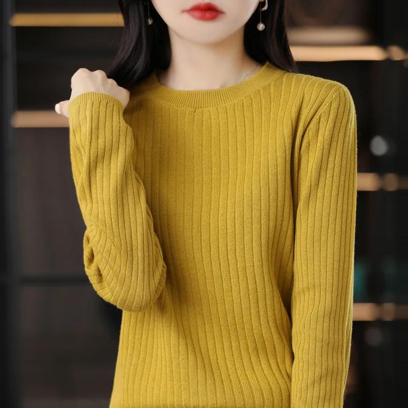 Damen Herbst Winter Pullover O-Ausschnitt Pullover Streifen Langarm Strickware Damen Slim Warm Unterzieh-Tops