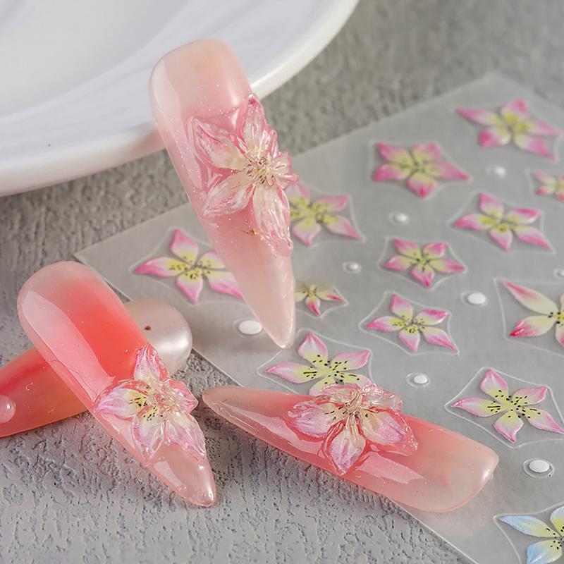 1Sheet Pink Lily Flower Nail Sticker Relief 3D Jelly Five Petal Flower Nail Art Decoration Decals Diy Selfadhesive Sliders